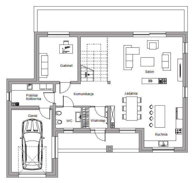 K2 House - rzut parteru - Projekt piętrowego domu jednorodzinnego.