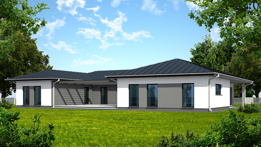 SW House - wizualizacja, wersja1 - widok tarasu - Projekt parterowego domu jednorodzinnego w Rykach.