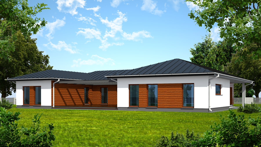 SW House - wizualizacja, wersja2 - widok tarasu - Projekt parterowego domu jednorodzinnego w Rykach.
